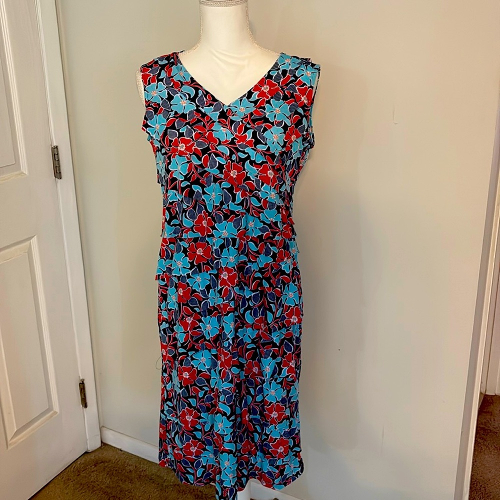 Floral Midi Dress Blue Red V Neck Sleeveless A-Line Size 8 Summer - Picture 6 of 9